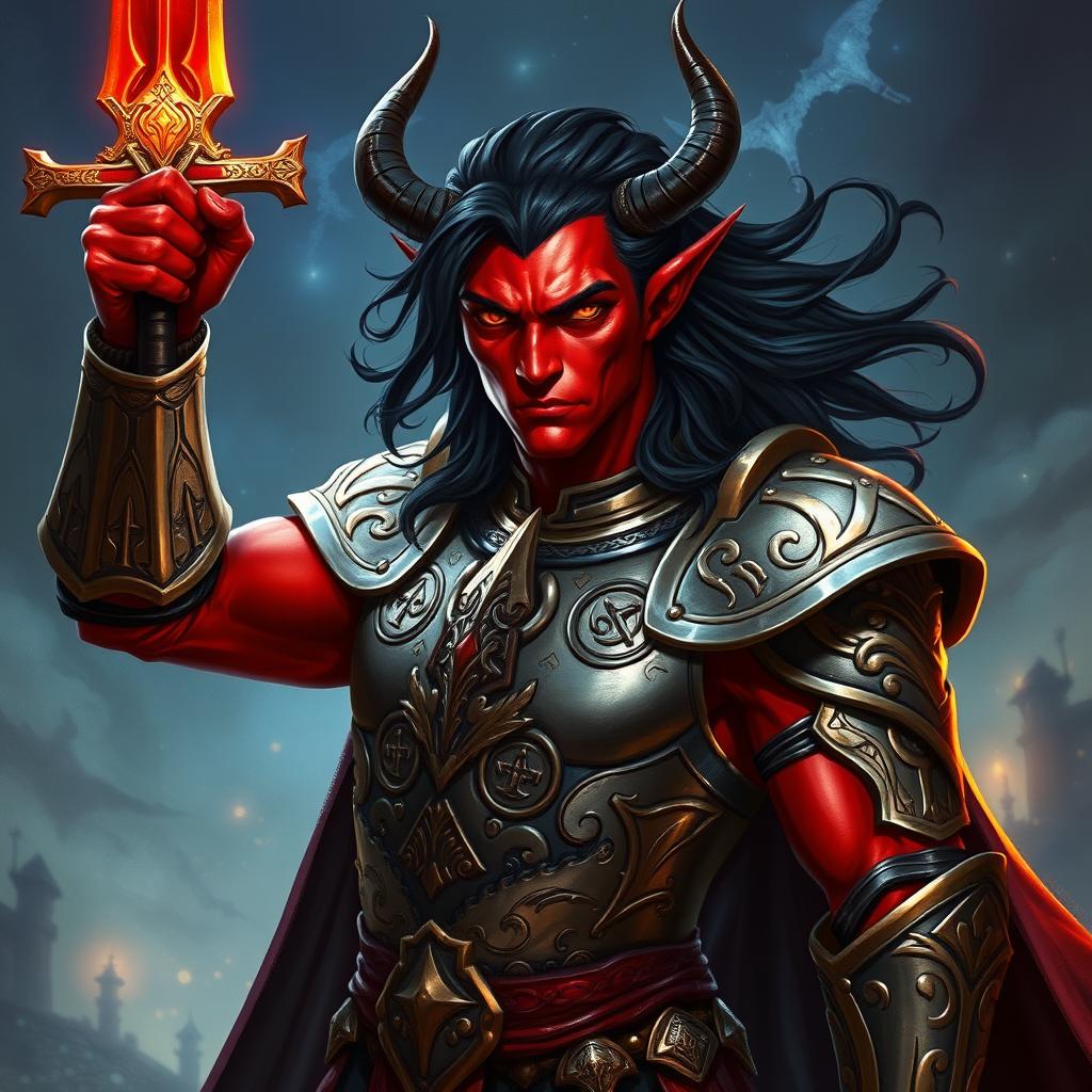 A male tiefling paladin with striking red skin and dark, flowing hair