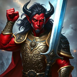 A male tiefling paladin with striking red skin and dark, flowing hair