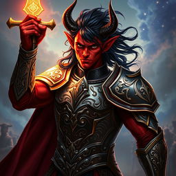 A male tiefling paladin with striking red skin and dark, flowing hair