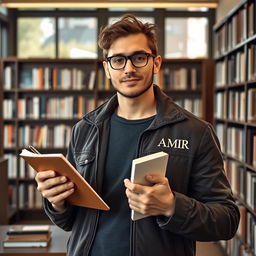 A portrait of a male writer and screenwriter, standing proudly and confidently, with the name 'AMIR' stylishly engraved on his jacket