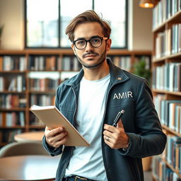 A portrait of a male writer and screenwriter, standing proudly and confidently, with the name 'AMIR' stylishly engraved on his jacket