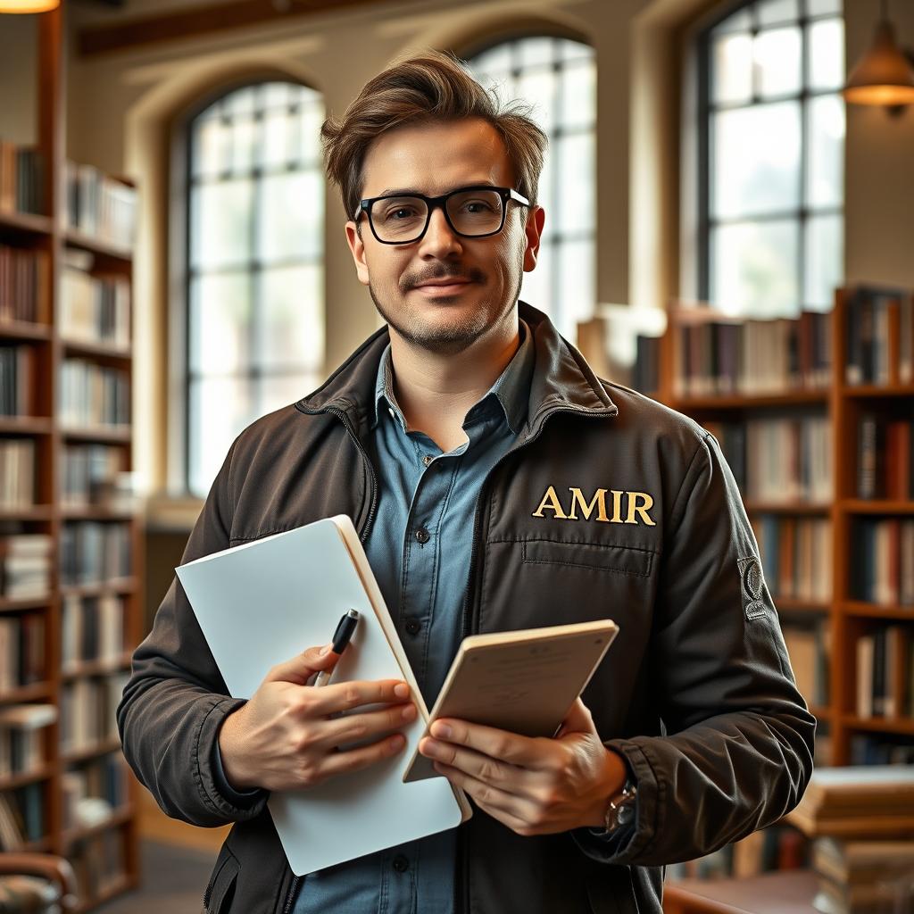 A portrait of a male writer and screenwriter, standing proudly and confidently, with the name 'AMIR' stylishly engraved on his jacket