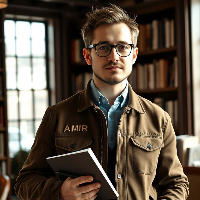 A portrait of a male writer and screenwriter, standing proudly and confidently, with the name 'AMIR' stylishly engraved on his jacket