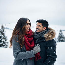 A romantic winter scene featuring a couple bundled up in cozy winter clothing, standing close together in a snowy landscape