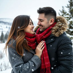 A romantic winter scene featuring a couple bundled up in cozy winter clothing, standing close together in a snowy landscape