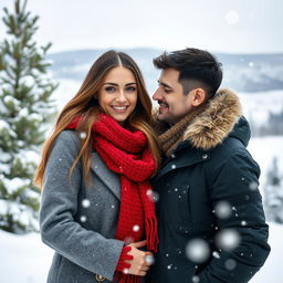 A romantic winter scene featuring a couple bundled up in cozy winter clothing, standing close together in a snowy landscape