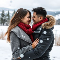 A romantic winter scene featuring a couple bundled up in cozy winter clothing, standing close together in a snowy landscape