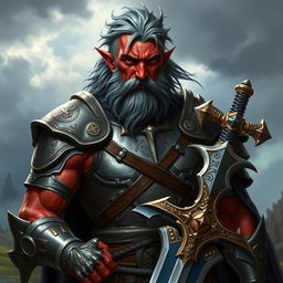 A male tiefling paladin with striking red skin and ashen gray hair, styled in a rugged, windswept manner