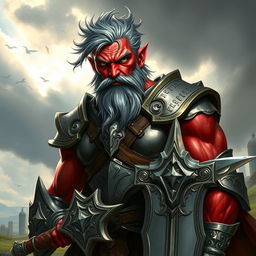 A male tiefling paladin with striking red skin and ashen gray hair, styled in a rugged, windswept manner