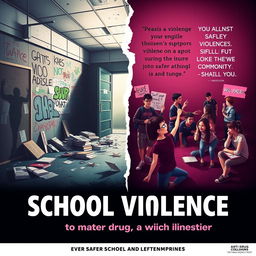 A vivid and impactful poster addressing school violence and drug abuse, featuring a stark contrast between a chaotic school environment and symbols of hope