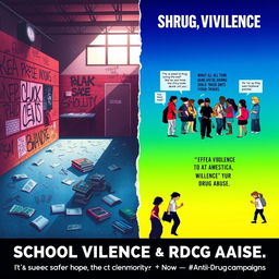 A vivid and impactful poster addressing school violence and drug abuse, featuring a stark contrast between a chaotic school environment and symbols of hope