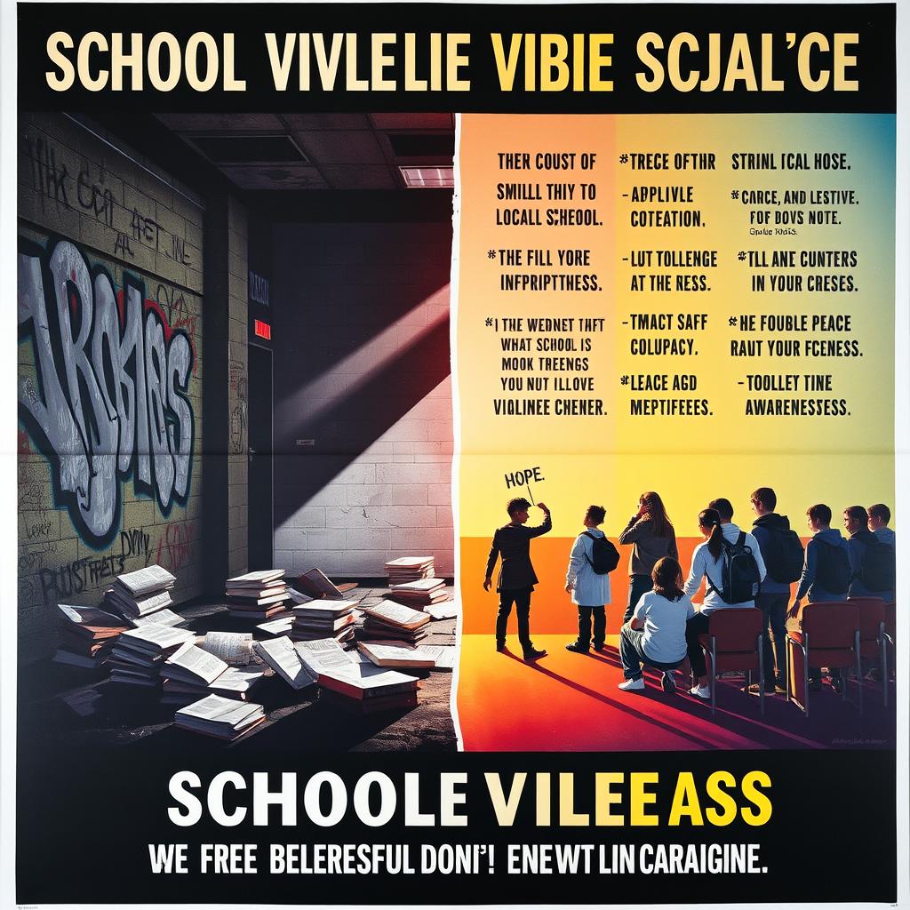 A vivid and impactful poster addressing school violence and drug abuse, featuring a stark contrast between a chaotic school environment and symbols of hope