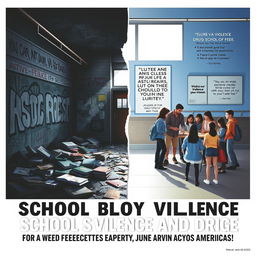 A vivid and impactful poster addressing school violence and drug abuse, featuring a stark contrast between a chaotic school environment and symbols of hope