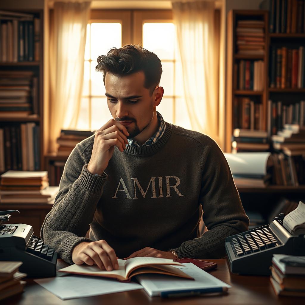 A portrait of a male writer and screenwriter, depicted thoughtfully contemplating his next script