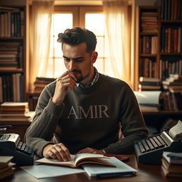 A portrait of a male writer and screenwriter, depicted thoughtfully contemplating his next script