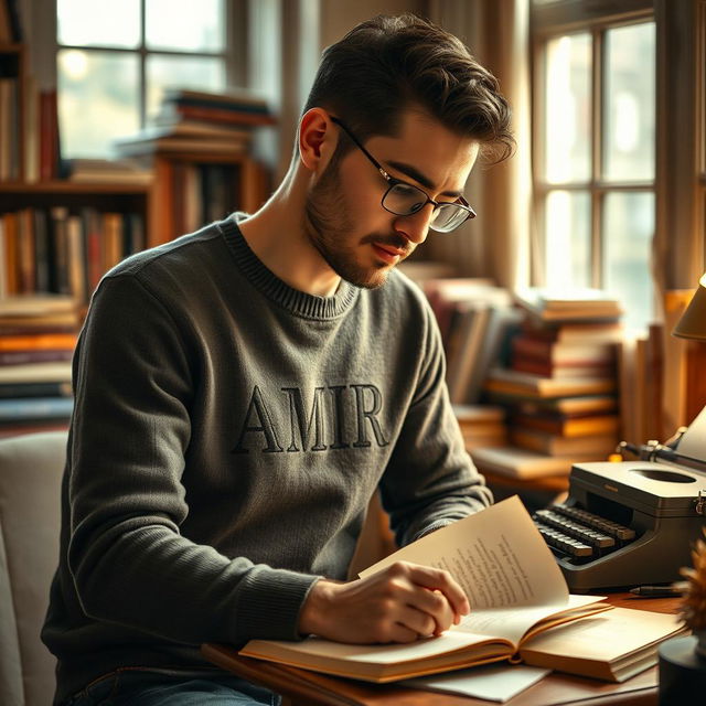 A portrait of a male writer and screenwriter, depicted thoughtfully contemplating his next script