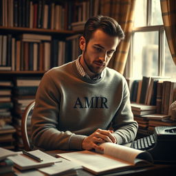 A portrait of a male writer and screenwriter, depicted thoughtfully contemplating his next script