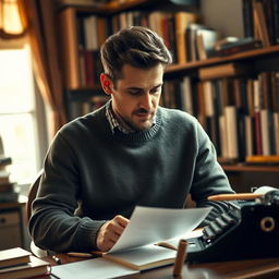 A portrait of a male writer and screenwriter, depicted thoughtfully contemplating his next script