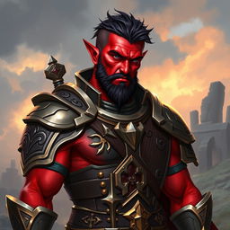 A male tiefling paladin with vibrant red skin and dark short hair, styled neatly