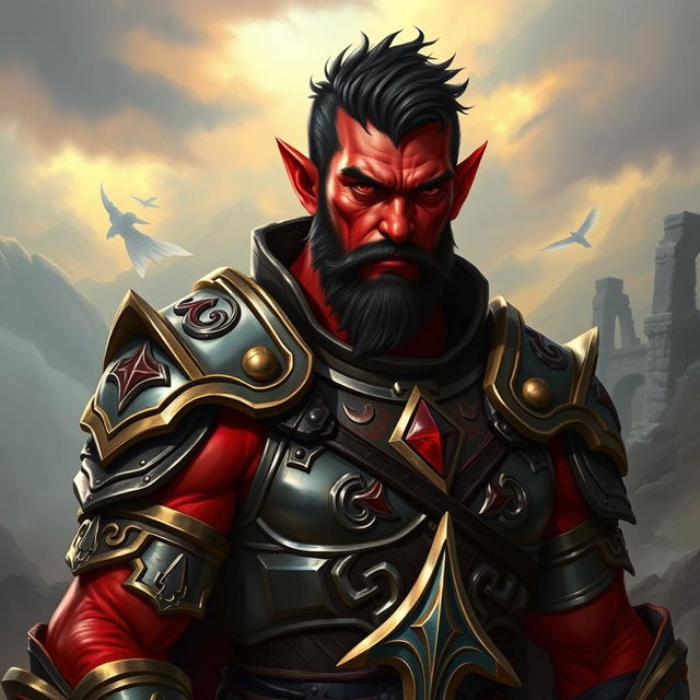 A male tiefling paladin with vibrant red skin and dark short hair, styled neatly