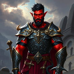 A male tiefling paladin with vibrant red skin and dark short hair, styled neatly