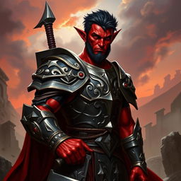 A male tiefling paladin with vibrant red skin and dark short hair, styled neatly
