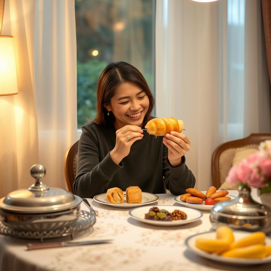 A cozy interior scene depicting a person sitting at a beautifully set table, with an elegant tablecloth and various delicious dishes