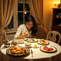 A cozy interior scene depicting a person sitting at a beautifully set table, with an elegant tablecloth and various delicious dishes