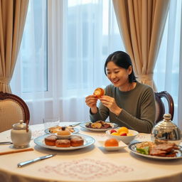A cozy interior scene depicting a person sitting at a beautifully set table, with an elegant tablecloth and various delicious dishes