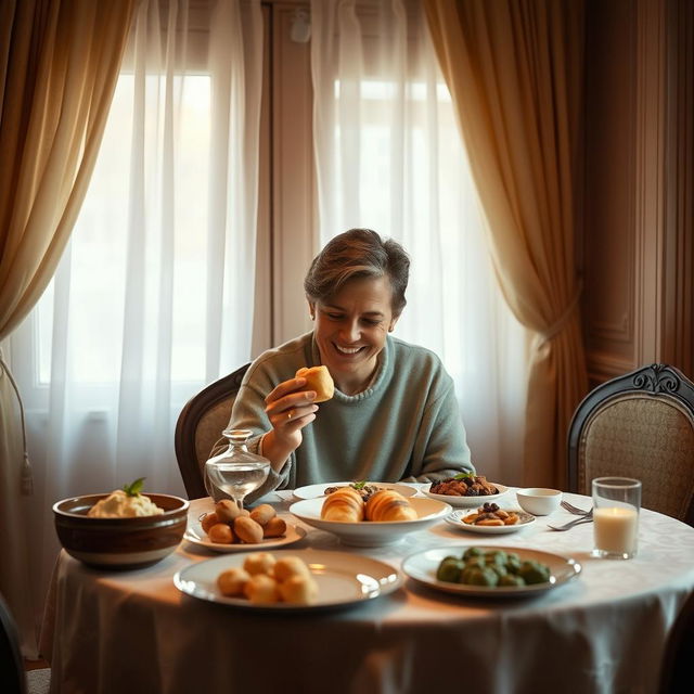 A cozy interior scene depicting a person sitting at a beautifully set table, with an elegant tablecloth and various delicious dishes