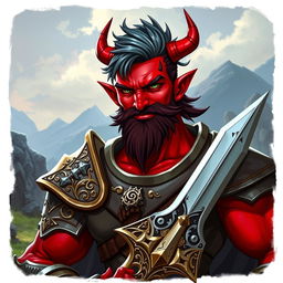 A male tiefling paladin character, showcasing striking ashen hair and vibrant red skin