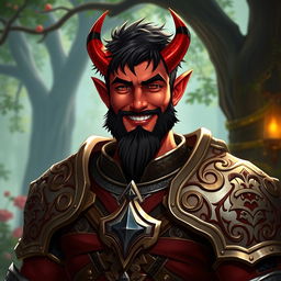 A male tiefling paladin character, featuring short dark hair and striking red skin