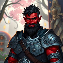 A male tiefling paladin character, featuring short dark hair and striking red skin