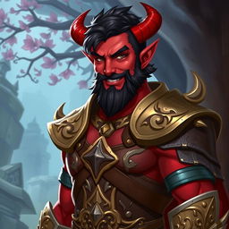 A male tiefling paladin character, featuring short dark hair and striking red skin