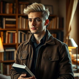 A portrait of a male writer and screenwriter, standing confidently with a thoughtful expression