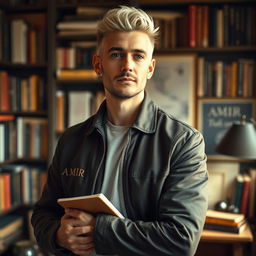 A portrait of a male writer and screenwriter, standing confidently with a thoughtful expression