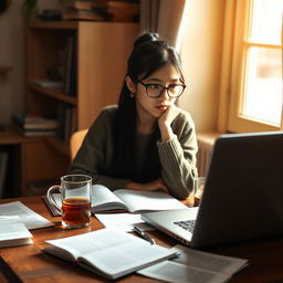 A focused young woman sitting at a wooden table surrounded by books and study materials