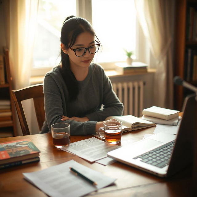 A focused young woman sitting at a wooden table surrounded by books and study materials