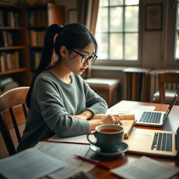 A focused young woman sitting at a wooden table surrounded by books and study materials