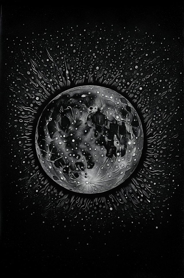 This is a high-resolution, black and white image of the moon in the night sky, skillfully drawn with a ballpoint pen