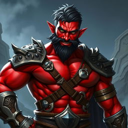 A buffed male tiefling paladin character, characterized by short dark hair and vibrant red skin