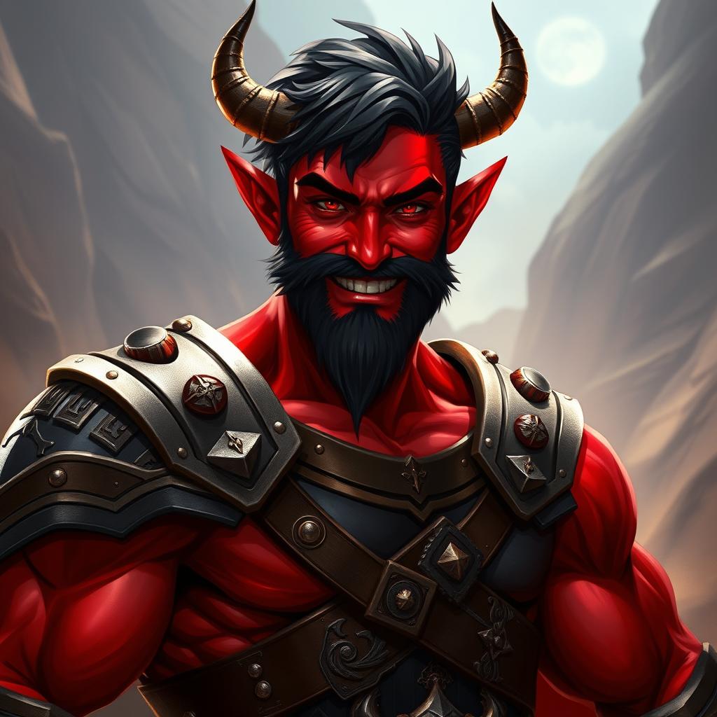 A buffed male tiefling paladin character, characterized by short dark hair and vibrant red skin