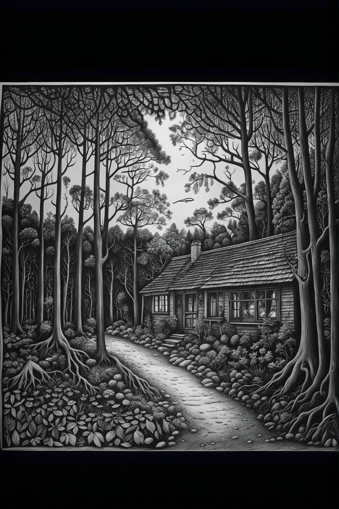 This is a high-resolution, black and white image of a house in the woods, expertly drawn with a ballpoint pen