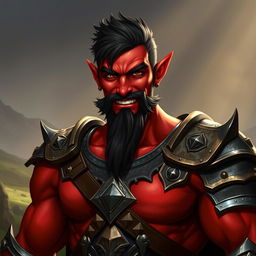 A buffed male tiefling paladin character, characterized by short dark hair and vibrant red skin