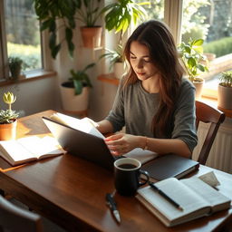 A young woman sitting at a wooden dining table, studiously reading a book with her laptop open beside her