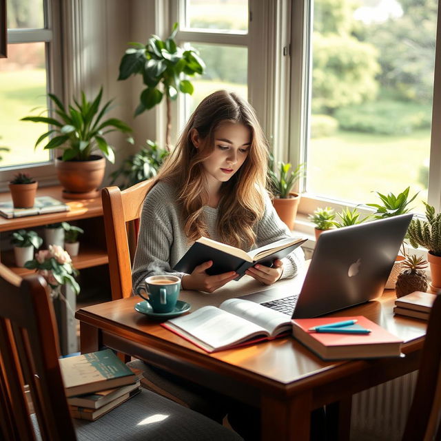 A young woman sitting at a wooden dining table, studiously reading a book with her laptop open beside her