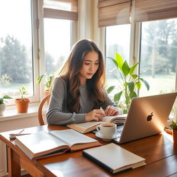 A young woman sitting at a wooden dining table, studiously reading a book with her laptop open beside her