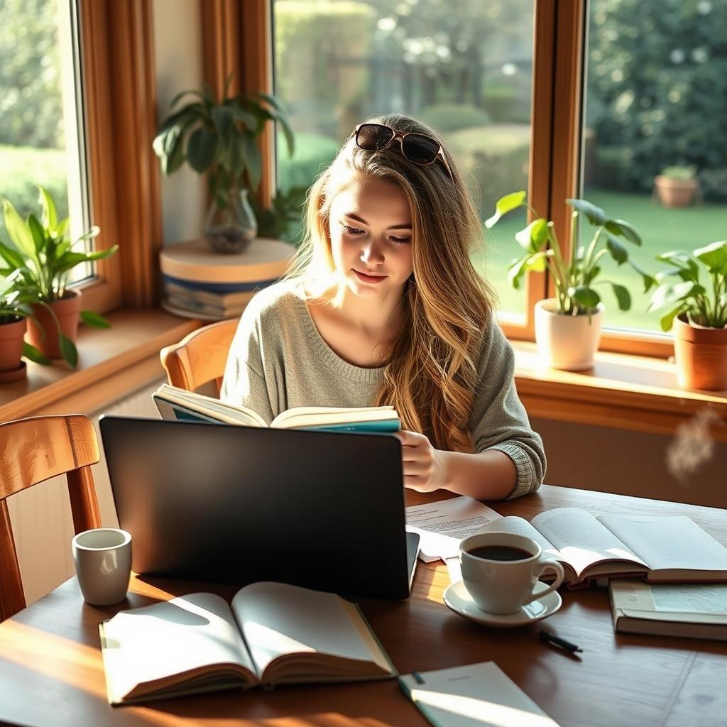 A young woman sitting at a wooden dining table, studiously reading a book with her laptop open beside her