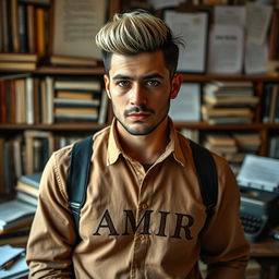 A portrait of a male writer and screenwriter, exhibiting a confident demeanor while standing in a creative workspace