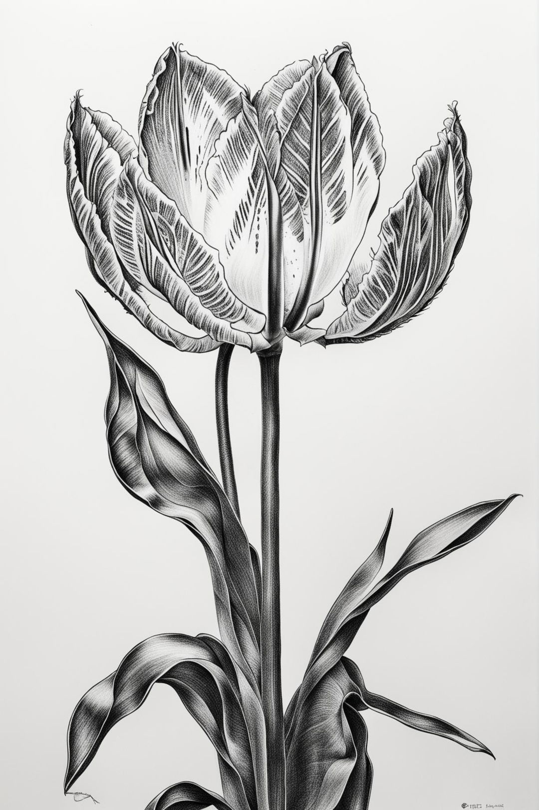 This is a high-resolution, black and white image of a tulip in full bloom, intricately drawn with a ballpoint pen